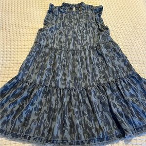 Blue cheetah Anthropologie a-line dress with high neck and ruffle sleeves.